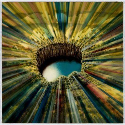 crater, 2013, ballpoint pen, oil and resin on panel, 12 x 12